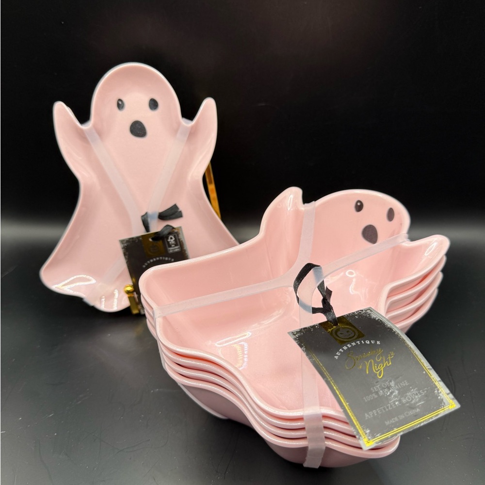 Spooky Night Pink Ghost-Shaped Melamine Plates and Bowls